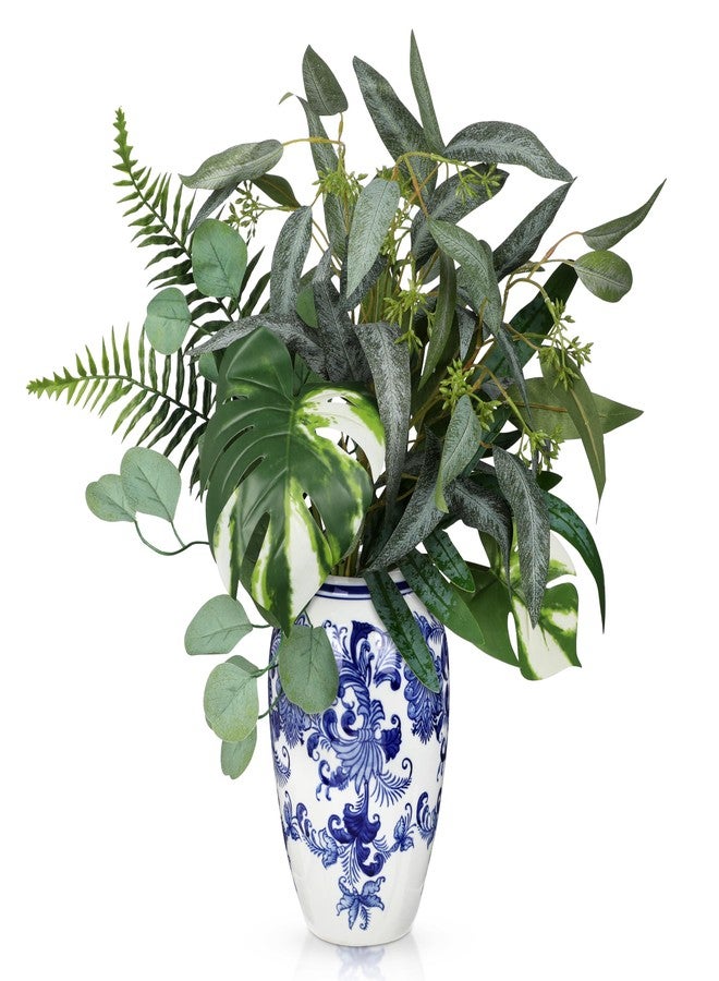Arborus Artificial Plants Stems in Ceramic Vase, Rustic Porcelain Vase with Faux Greenery Arrangement for Centerpiece Table Home Farmhouse Decor - Image 1